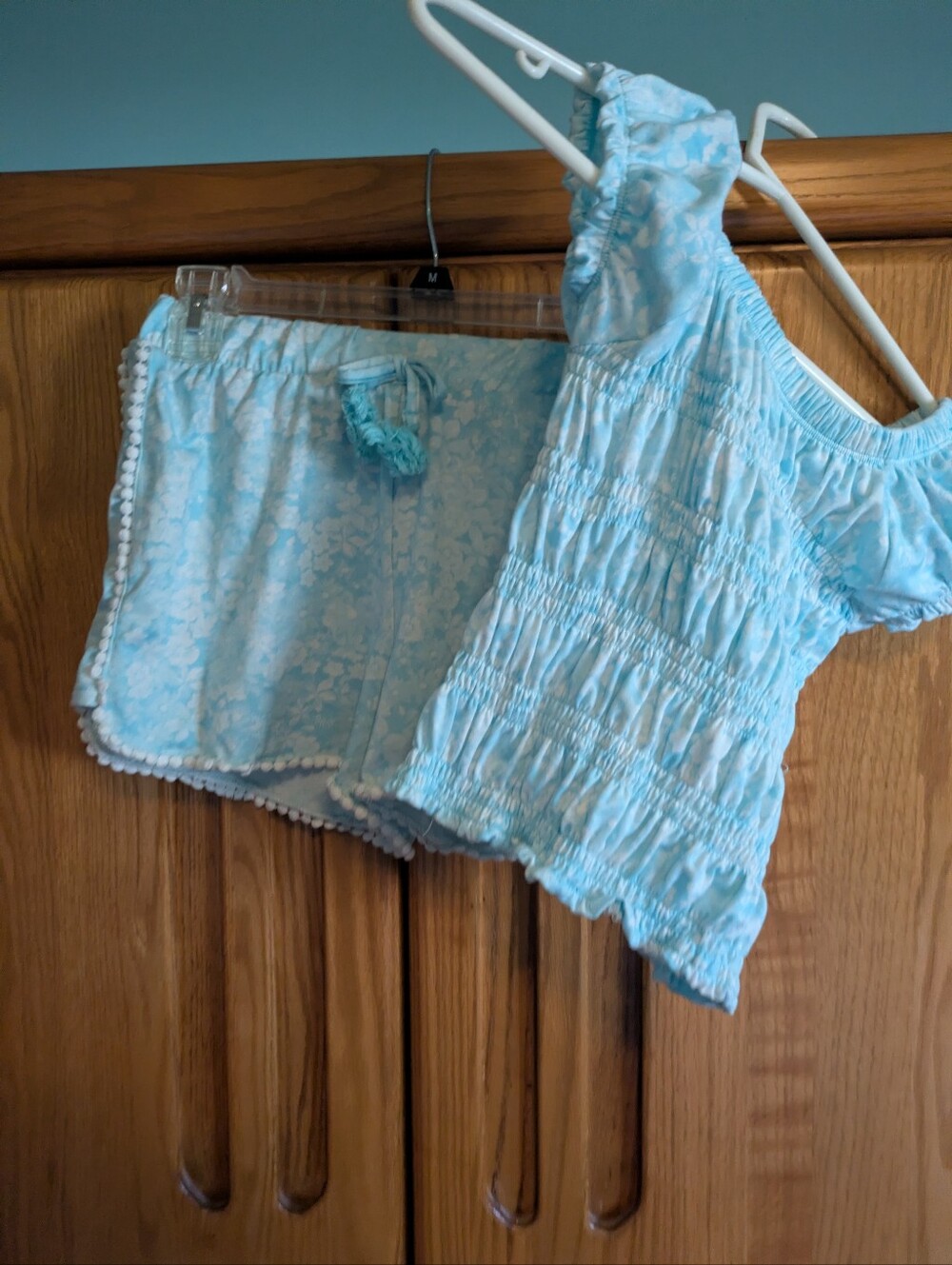 Kiss Girls Light Blue Floral Smocked Top and Pom Pom Shorts Set